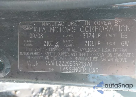 2009 Kia Spectra Ex z USA, uszkodzony, nr VIN KNAFE222995621370